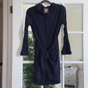 Maeve Anthropologie navy long sleeve wrap front midi dress with collar